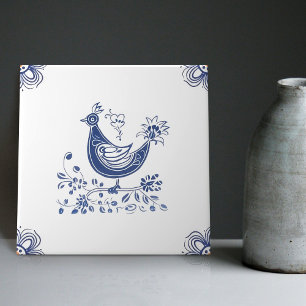 Delft Blue Dutch Style Bird Flowers Indigo Tile
