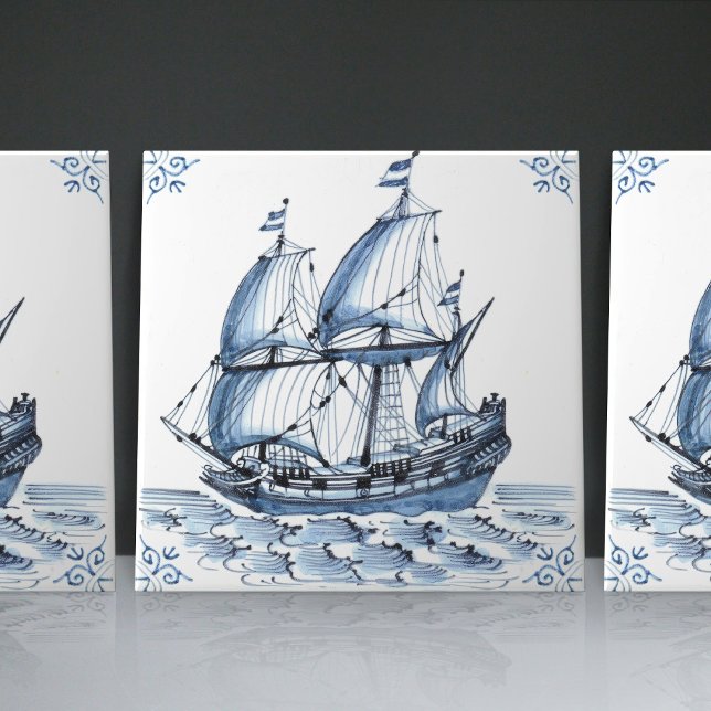 Delft Blue Dutch Style Frigate Schooner Sail Boat  Tile (Creator Uploaded)