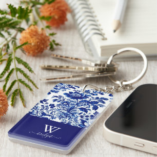 delft blue elegant Modern Floral Keychain