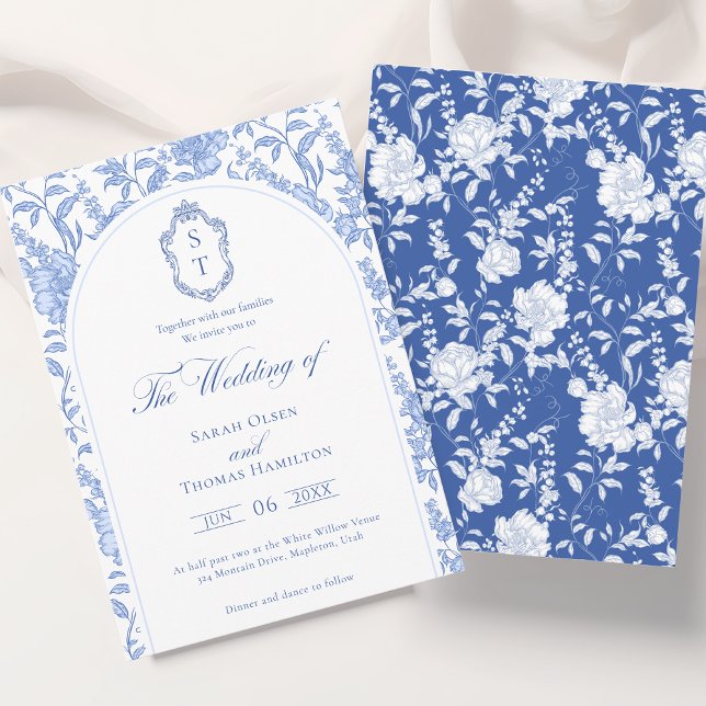 Delft Blue Floral Chinoiserie Monogram Wedding Invitation (Creator Uploaded)