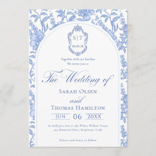 Delft Blue Floral Chinoiserie Monogram Wedding Invitation