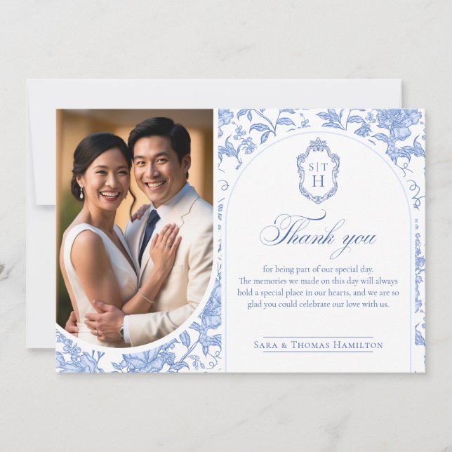 Delft Blue Floral Chinoiserie Monogram Wedding Thank You Card (Front)