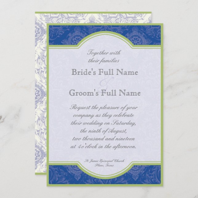 Delft Blue Green Toile Quatrefoil - Wedding Invitation (Front/Back)