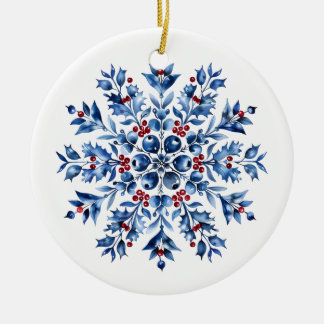 Delft Blue Holly Berry Snowflake Christmas Ceramic Ornament