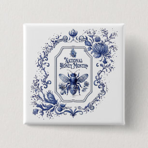 Delft Blue Honey Bee & Flowers 2 Inch Square Button