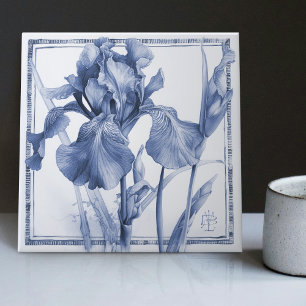Delft Blue Iris Wall Decor Art Nouveau Watercolor Tile