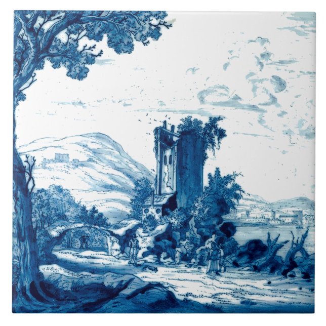 Delft Blue Landscape & Figures Antique Print Tile (Front)