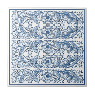 Delft Blue Ornamental Floral Art Nouveau Pattern Tile