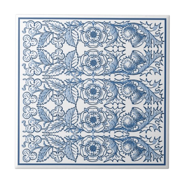 Delft Blue Ornamental Floral Art Nouveau Pattern Tile (Front)