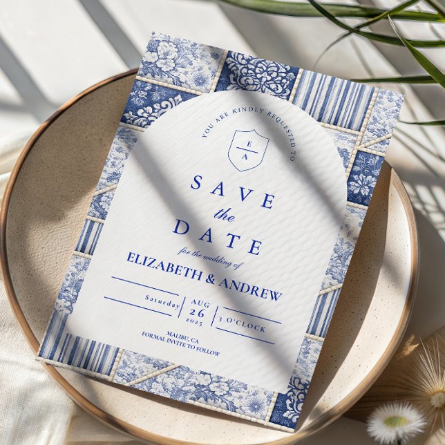 Delft Blue Patchwork Toile Wedding Save The Date (Creator Uploaded)