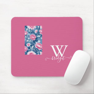 delft blue & pink Vintage Modern Floral Mouse Pad