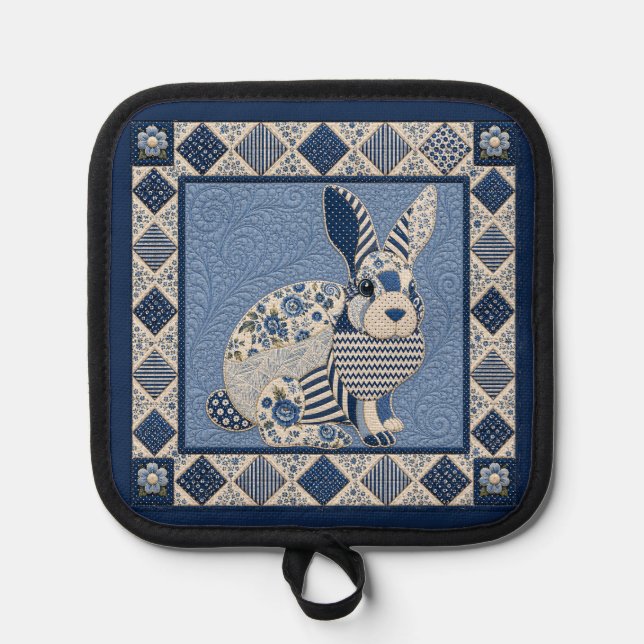 Delft Blue Rabbit Quilt Pot Holder (Front)