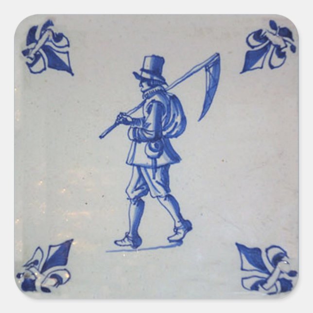 Delft Blue Tile - Mower Carrying Scythe or Sickle Square Sticker (Front)