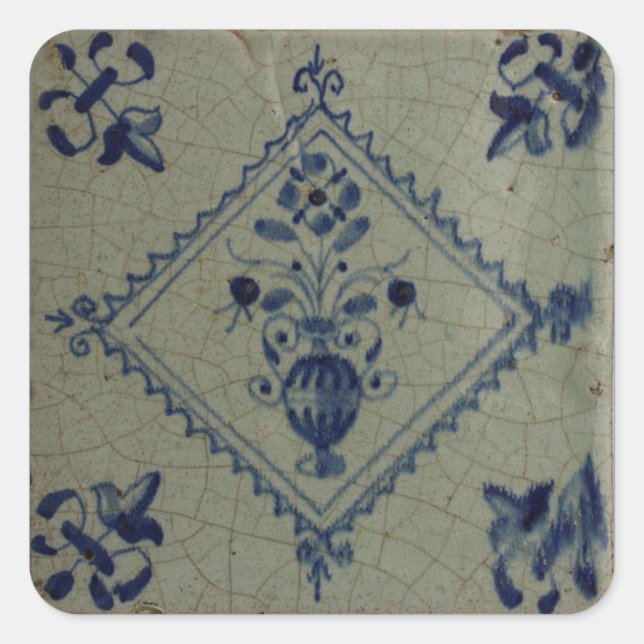 Delft Blue Tile - Vase with Flowers and Bouquet Square Sticker (Front)