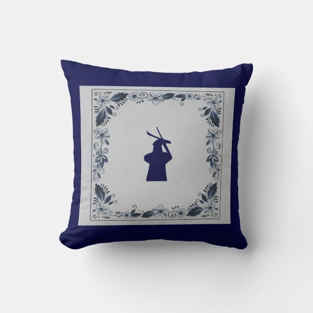 Delft blue tile windmill 'de Roos' in Delft Throw Pillow (Front)