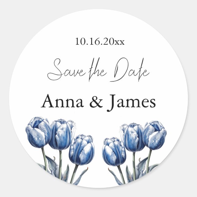 Delft Blue Tulip Wedding Program Classic Round Sticker (Front)