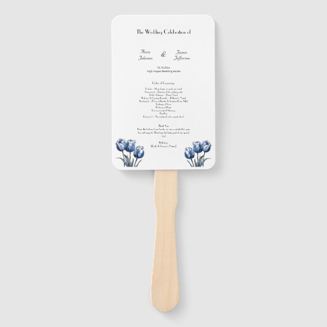 Delft Blue Tulip Wedding Program Hand Fan (Front)
