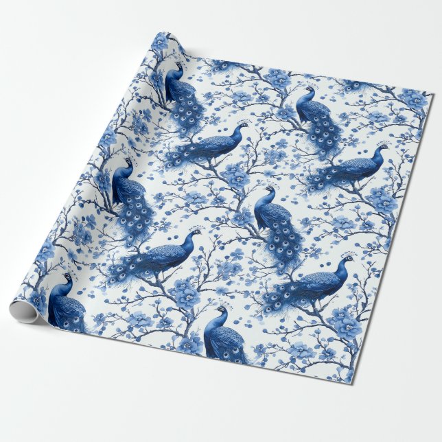 Delft Blue Vintage Blue Chinoiserie Peacock Wrapping Paper (Unrolled)