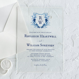 Delft Blue Watercolor Monogram Crest Wedding Acrylic Invitations