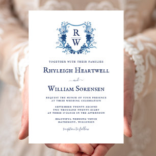 Delft Blue Watercolor Monogram Crest Wedding Invitation