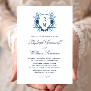 Delft Blue Watercolor Monogram Crest Wedding Invitation