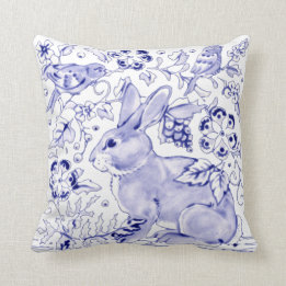 Delft Blue White Bunny Rabbit Birds Dedham Elegant Throw Pillow