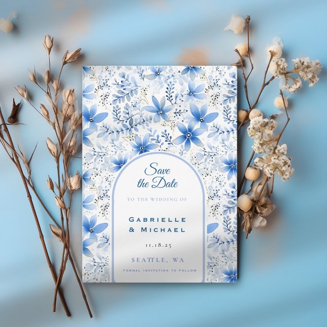 Delft Blue White Chinoiserie Floral Pattern  Save The Date (Creator Uploaded)