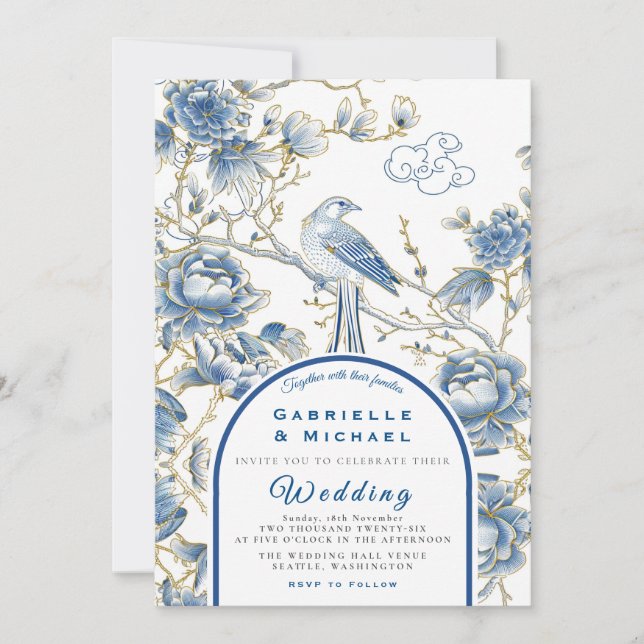 Delft Blue White Chinoiserie Porcelain Wedding Invitation (Front)
