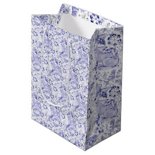 Delft Blue & White Rabbit Birds Elegant Easter Medium Gift Bag
