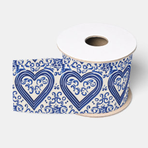 Delft China Style Blue Hearts - Vintage Painted Grosgrain Ribbon
