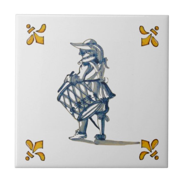 Delft Drummer Tile c 1890 in Blue, Grey, & Yellow (Front)