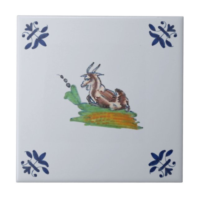 Delft Farm Animal Goat Blue Multi Repro c 1650  Tile (Front)