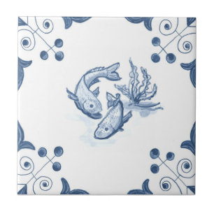 Delft Fish Tile with Scroll Corners