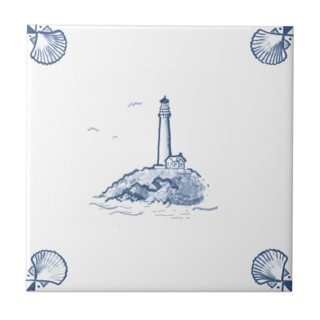 Delft Lighthouse Tile with Shell Corners (Front)