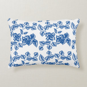 Delft-LIke Blue Floral Print Accent Pillow
