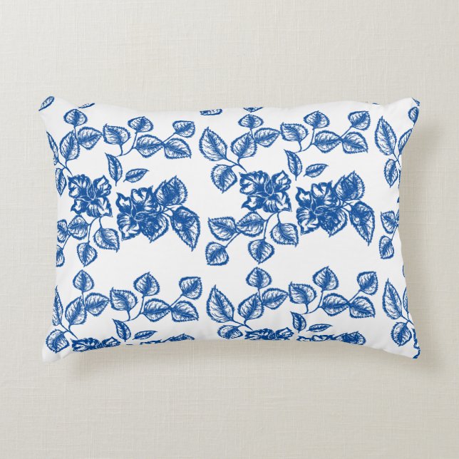 Delft-LIke Blue Floral Print Accent Pillow (Front)