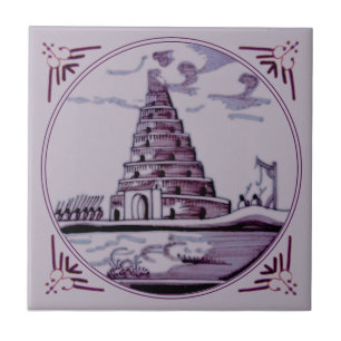 Delft Manganese Tower of Babel 18th Century Repro Tile