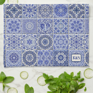 Delft Pottery Look Blue Tiles with their initials Kitchen Towel