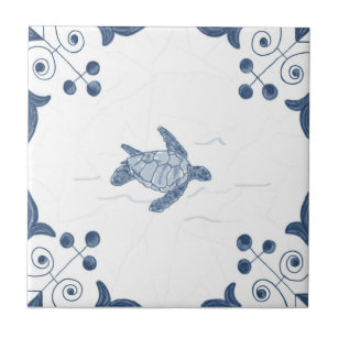 Delft Sea Turtle Tile with Scroll Corners