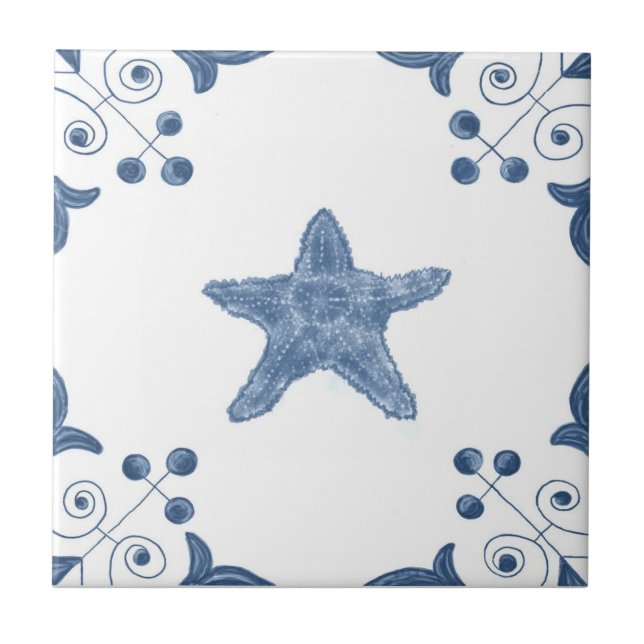 Delft Starfish Tile with Scroll Corners (Front)