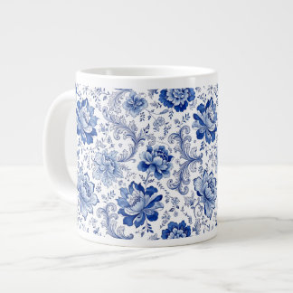 Delft Style Blue White Blossoms Whimsical Fantasy Large Coffee Mug