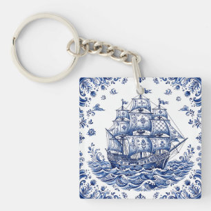 Delft Style Blue White Merchant Ship Keychain