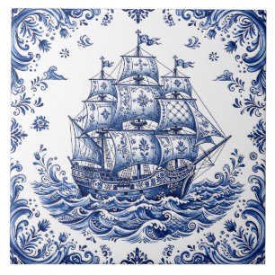 Delft Style Blue White Merchant Ship Tile