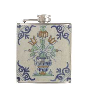 Delft Tile Antique Ceramic Flower Pot  Hip Flask