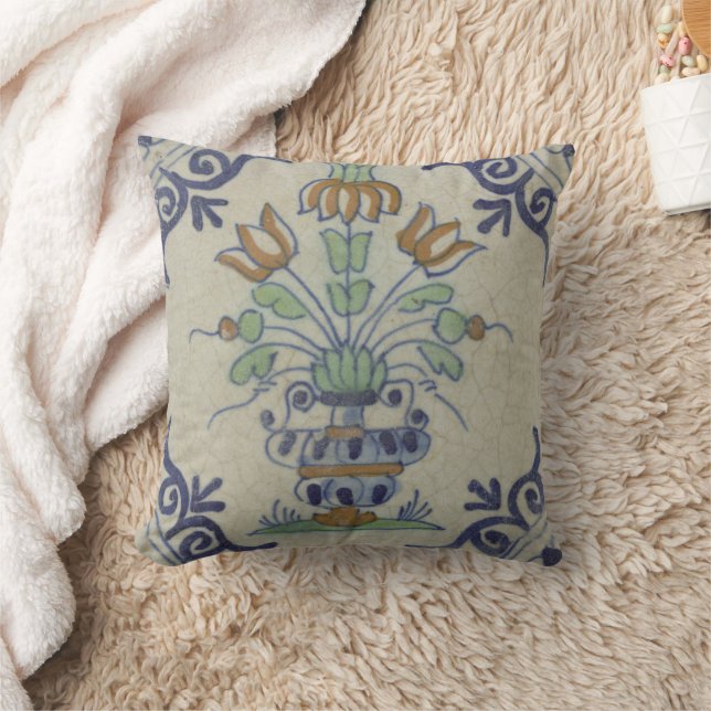 Delft Tile Antique Ceramic Flower Pot  Throw Pillow (Blanket)