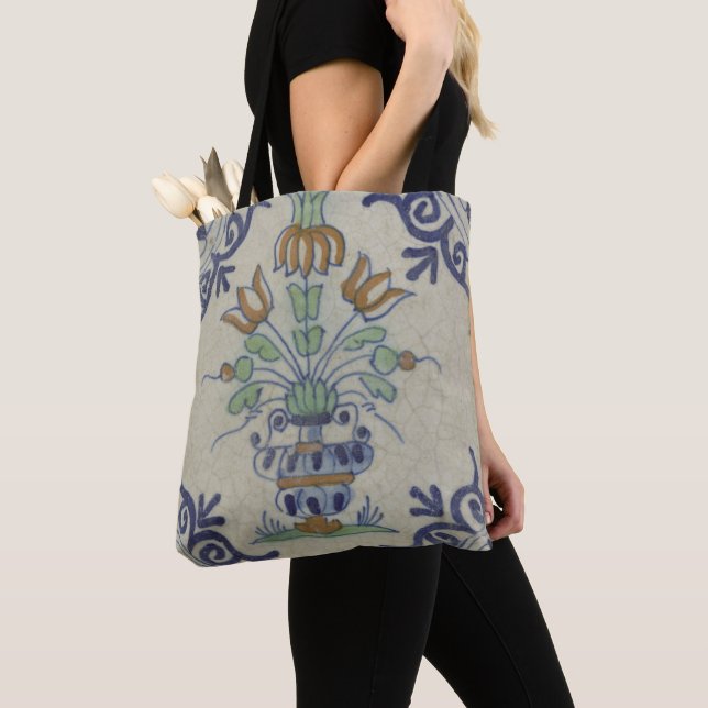 Delft Tile Antique Ceramic Flower Pot  Tote Bag (Close Up)