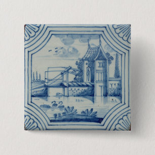 Delft tile showing a drawbridge over a canal, 19th 2 inch square button