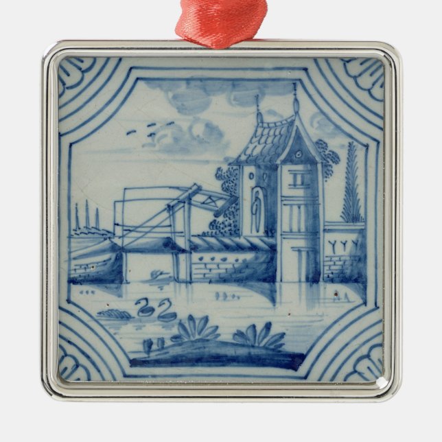 Delft tile showing a drawbridge over a canal, 19th metal ornament (Front)