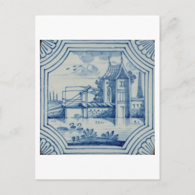 Delft tile showing a drawbridge over a canal, 19th postcard (Front)