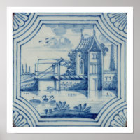 Delft tile showing a drawbridge over a canal, 19th